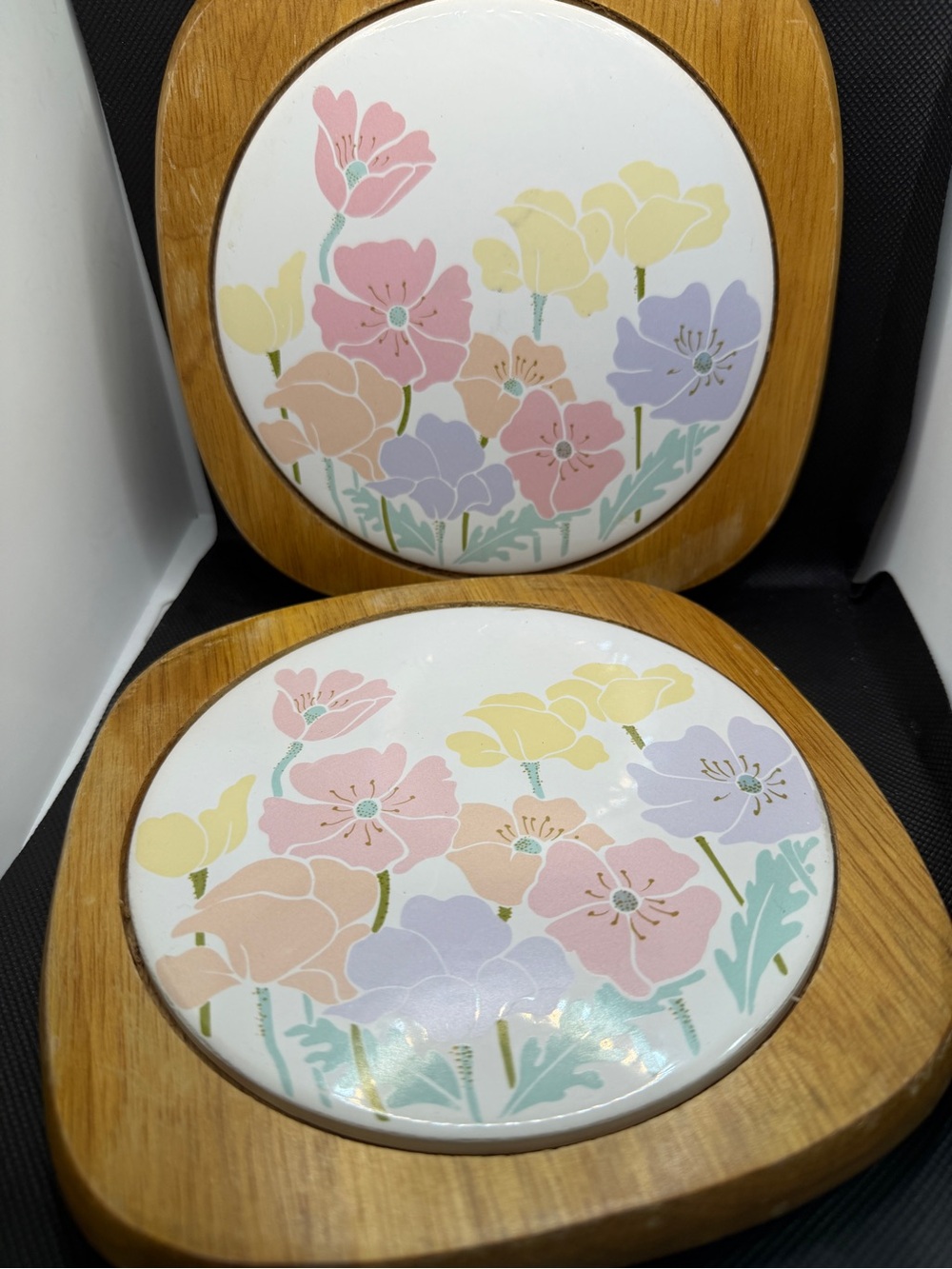 Vintage Floral Ceramic Heat Resistant Trivet Table Plates Set of 2